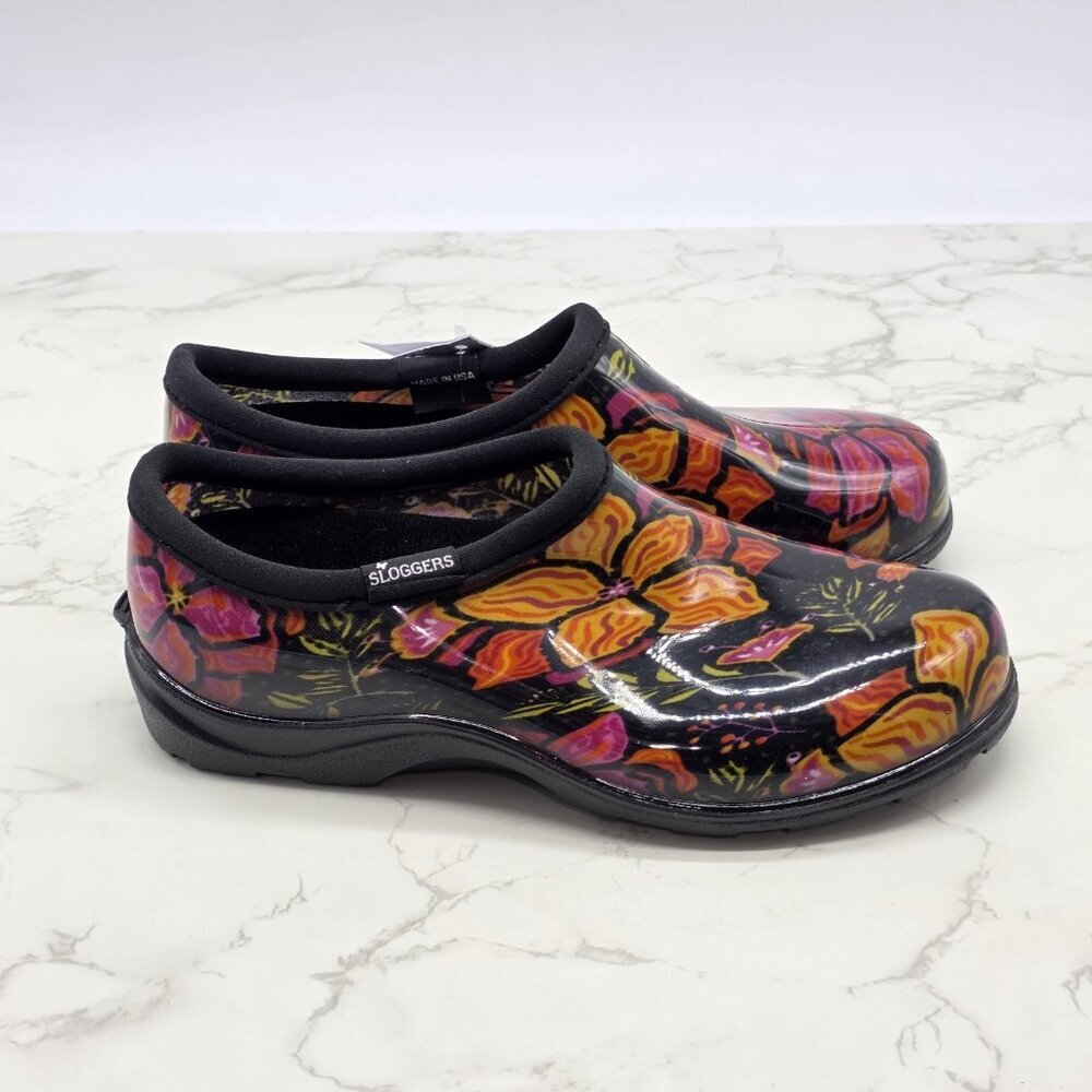 Sloggers Rain Shoes Garden Boots Women 6 Waterproof Slip on Black Floral Low NEW - Picture 5 of 10